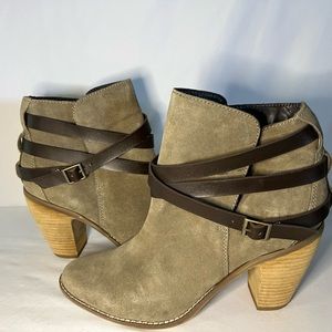 Taupe, suede ankle boots with block heels